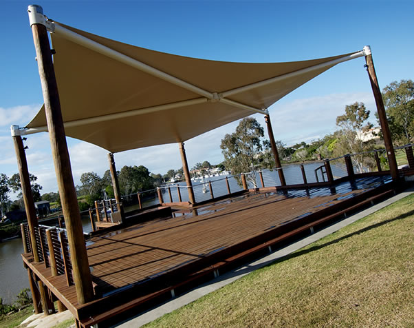 Large image of view from the grass of the Brolga Deck and the 6 poles that support the sail